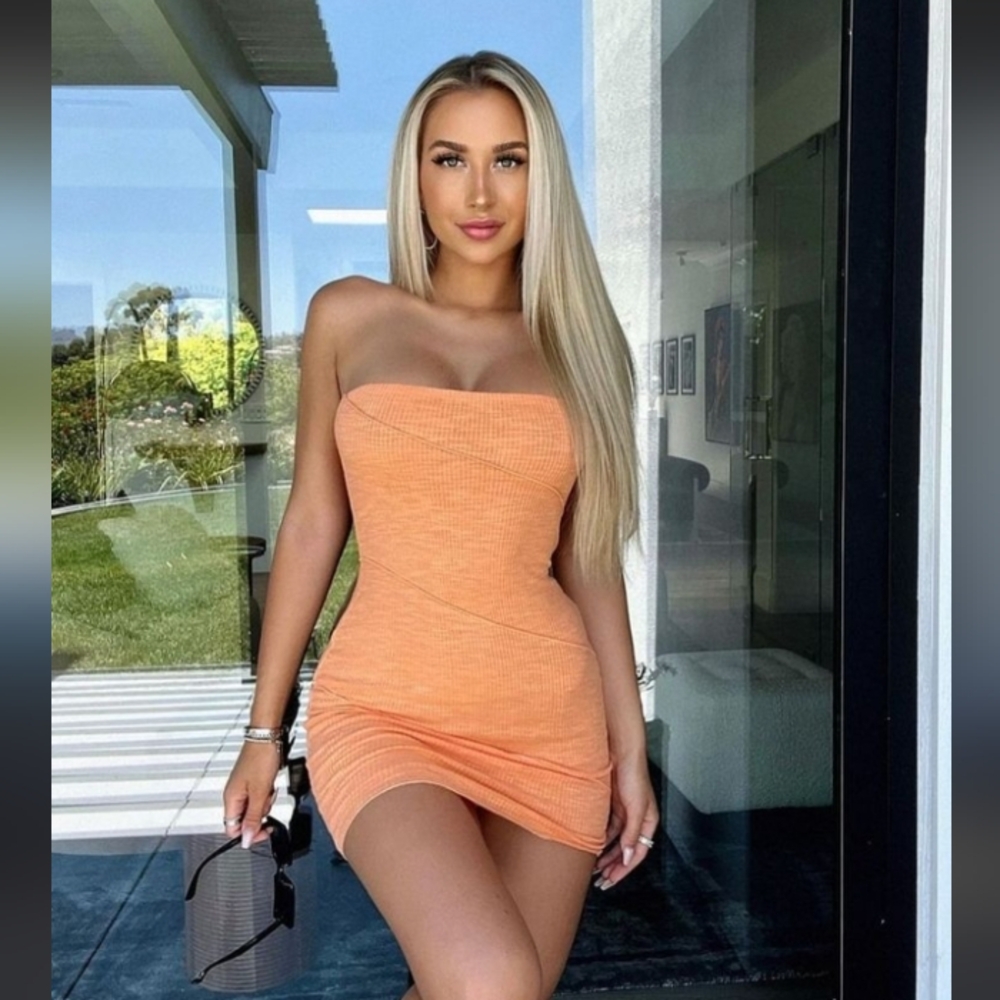 Princess Polly Oscar Mini Dress Orange Size 6, Strapless, Tube, Ribbed, Bodycon